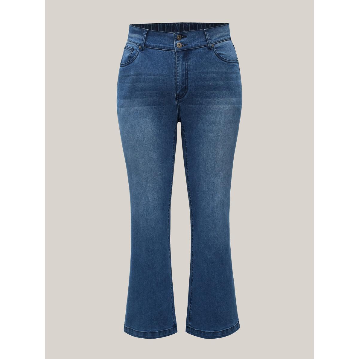 Plus Size Whiskered Stretchy Waist Bootcut Jeans Women Midblue Leisure Button Medium stretch Slanted pocket Jeans BloomChic 24/3X Product Image