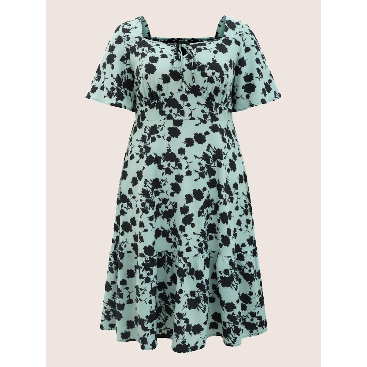 Plus Size Silhouette Floral Print Knot Neck Flutter Hem Dress LightBlue Women Elegant Non Square Neck Short sleeve Curvy Midi Dress BloomChic 14-16/1X Product Image
