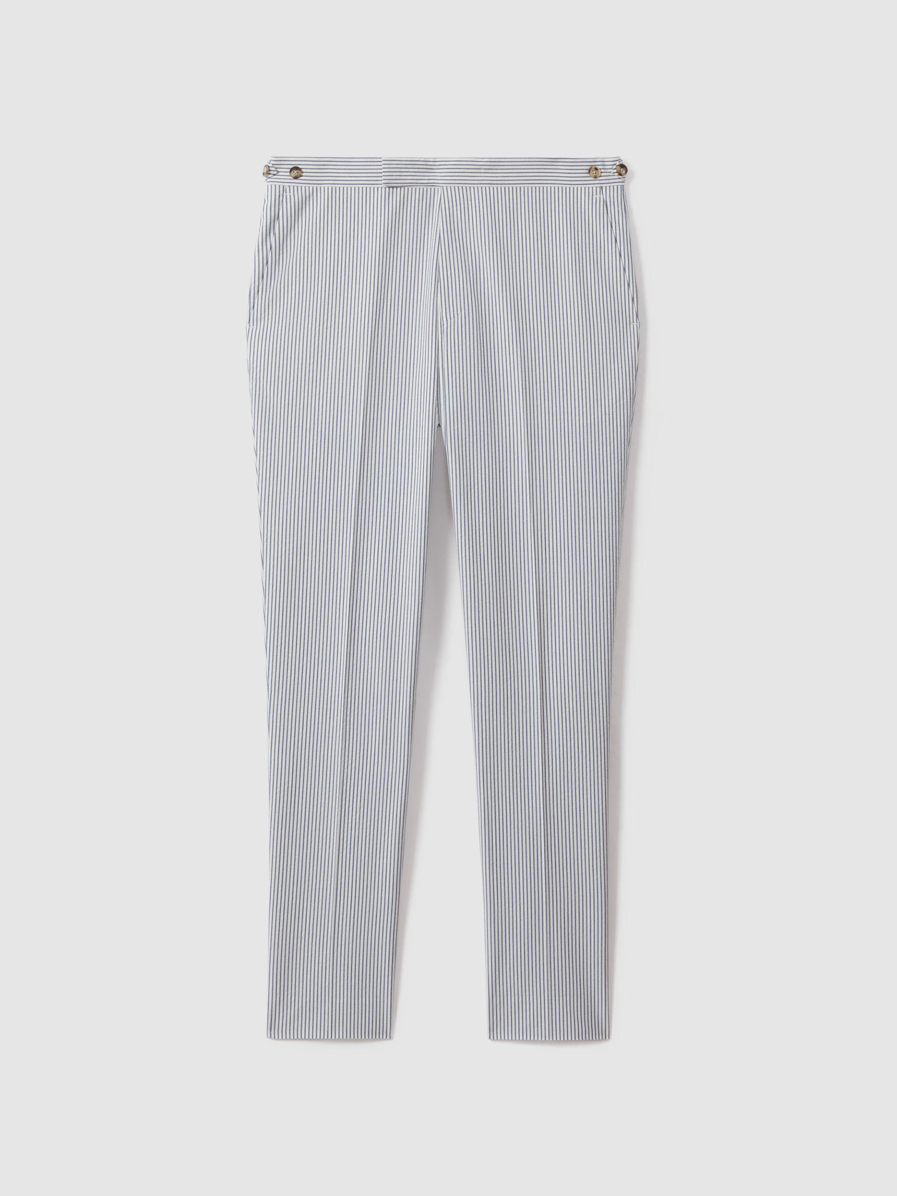 Barr Soft Blue/White Cotton Seersucker Adjuster Slim Fit Trousers Product Image