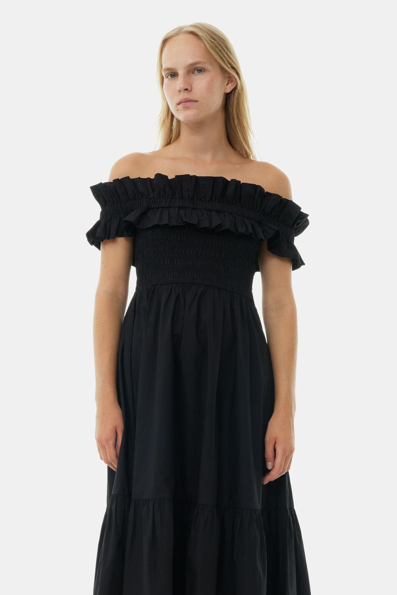 Black Cotton Poplin Long Smock Dress Product Image