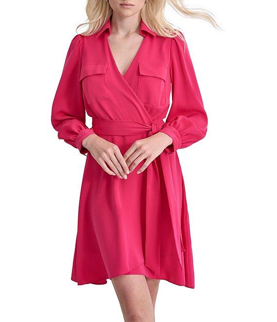 DKNY by Donna Karan Collared Surplice V-Neckl Long Sleeve Dress Product Image