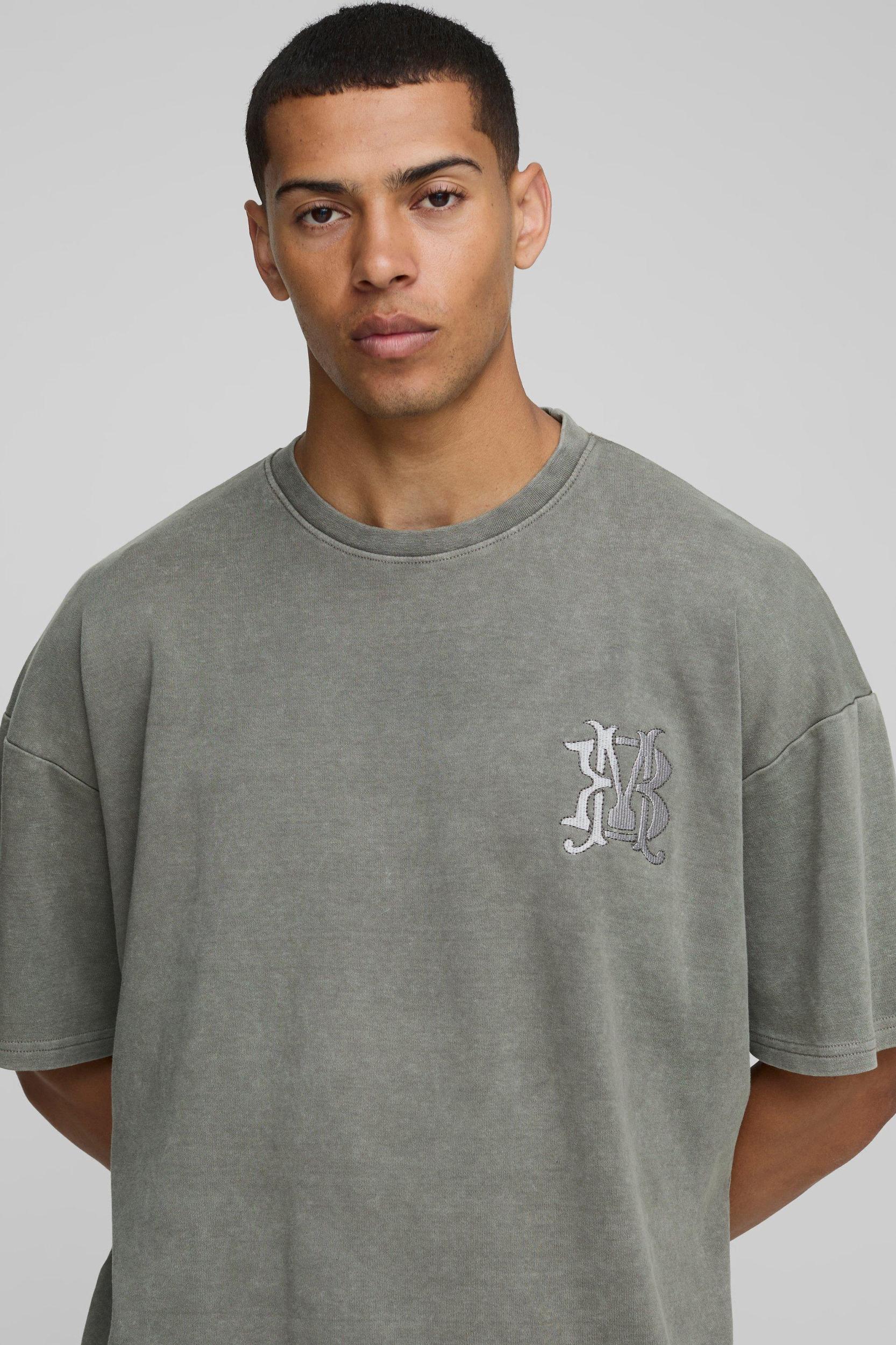 Oversized Interlock Embroidered Acid Wash T-Shirt | boohooMAN USA Product Image