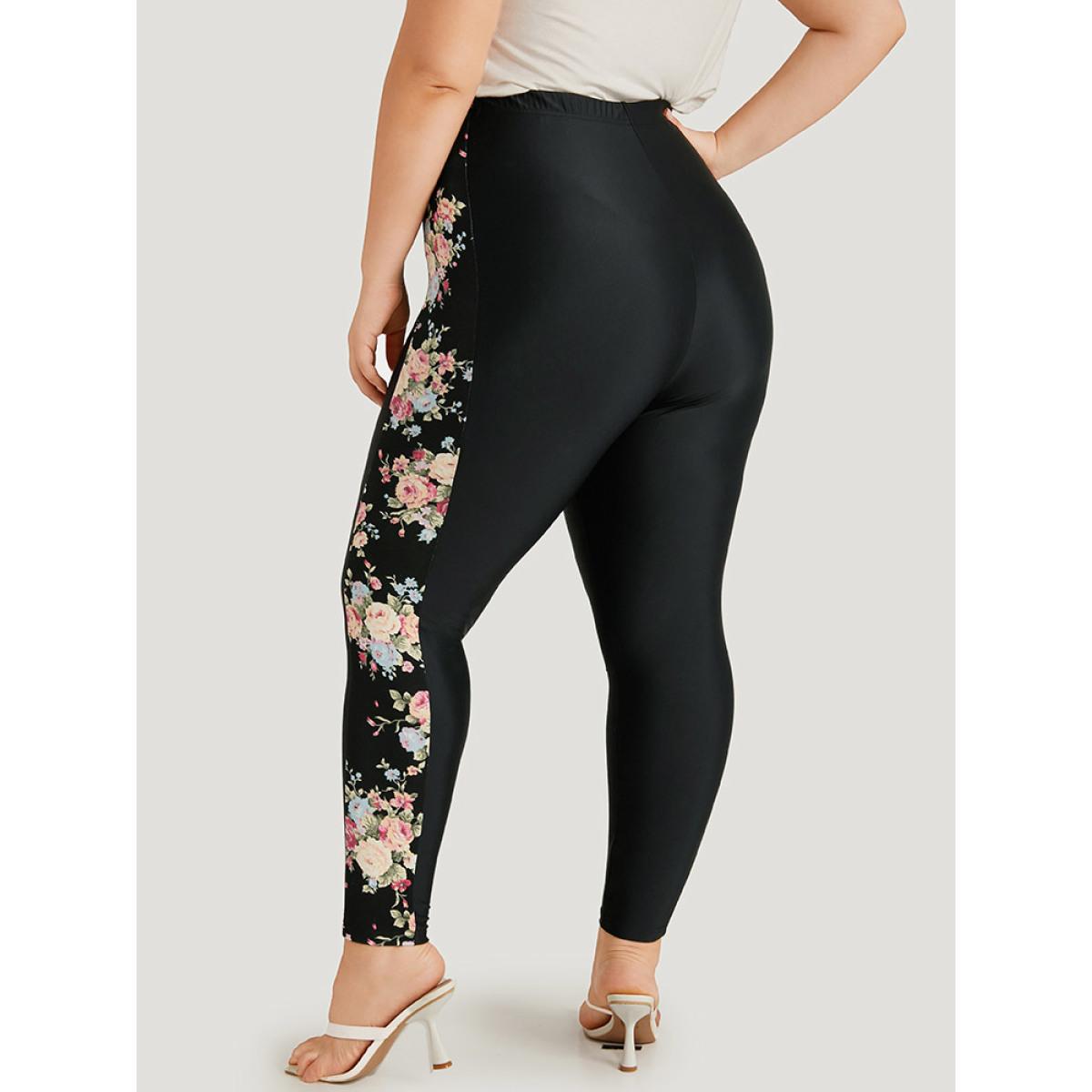 Plus Size Floral Print Elastic Waist High Rise Patchwork Leggings Women Black Elegant High stretch Skinny High Rise Dailywear Leggings BloomChic 22-24/3X Product Image