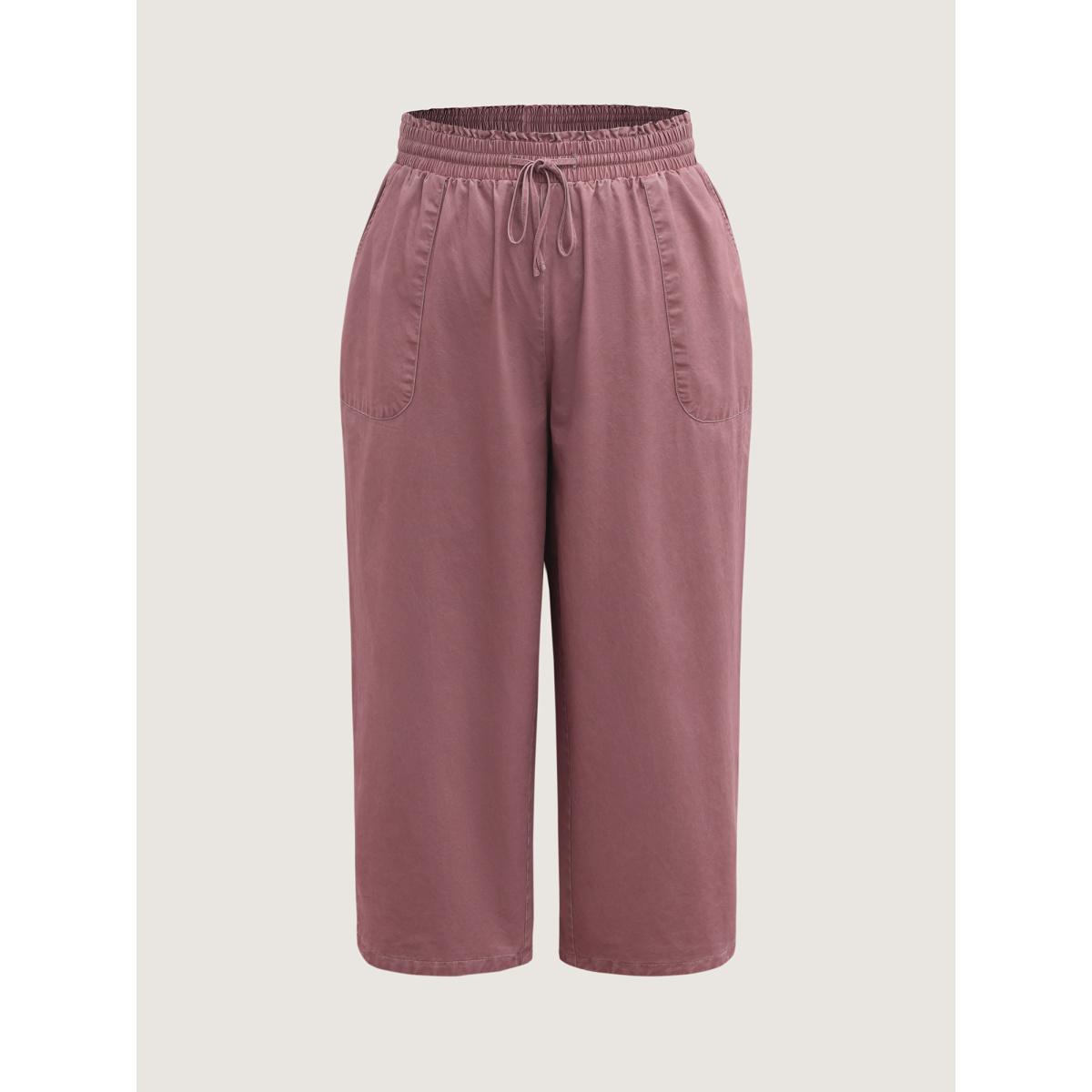 Plus Size Cotton Shirred Wide Waistband Hem Slit Pants Women Crepe Leisure Loose Mid Rise Casual Pants BloomChic 10/M Product Image