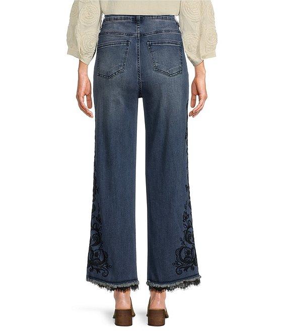 John Mark Stretch-Denim Embroidered Wide Leg Lace Hem Ankle Jean Product Image