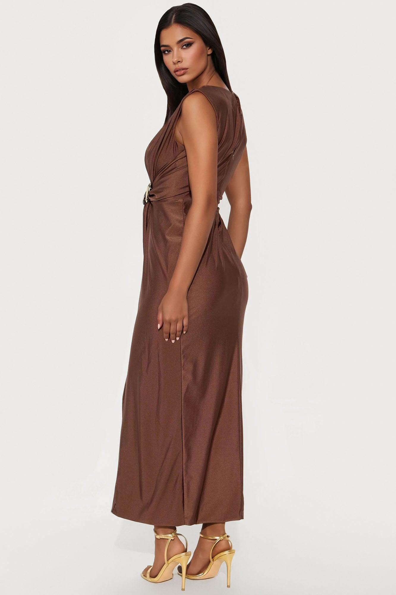 Danielle Draped Tricot Maxi Dress - Brown Female Product Image