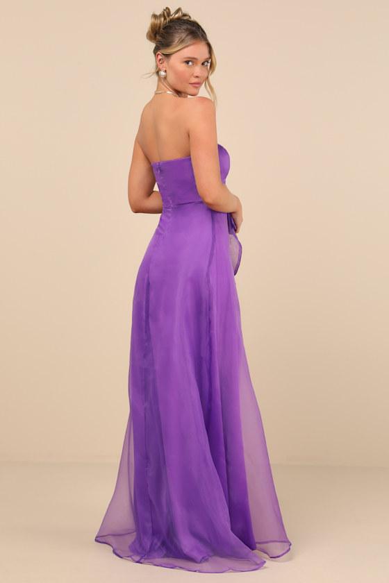 Exquisite Ease Purple Organza Strapless Ruffled Maxi Dress Product Image