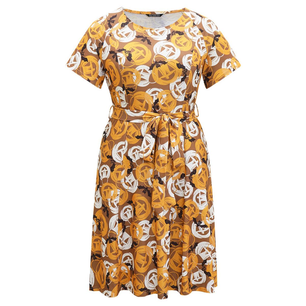 Plus Size Halloween Print Crew Neck Pocket Belted Dress Orange Women Elegant Belted Round Neck Short sleeve Curvy Midi Dress BloomChic 22-24/3X Product Image