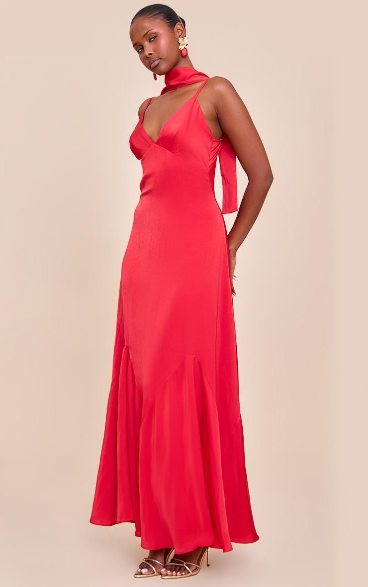 Red Satin V Neck Maxi Dress Product Image