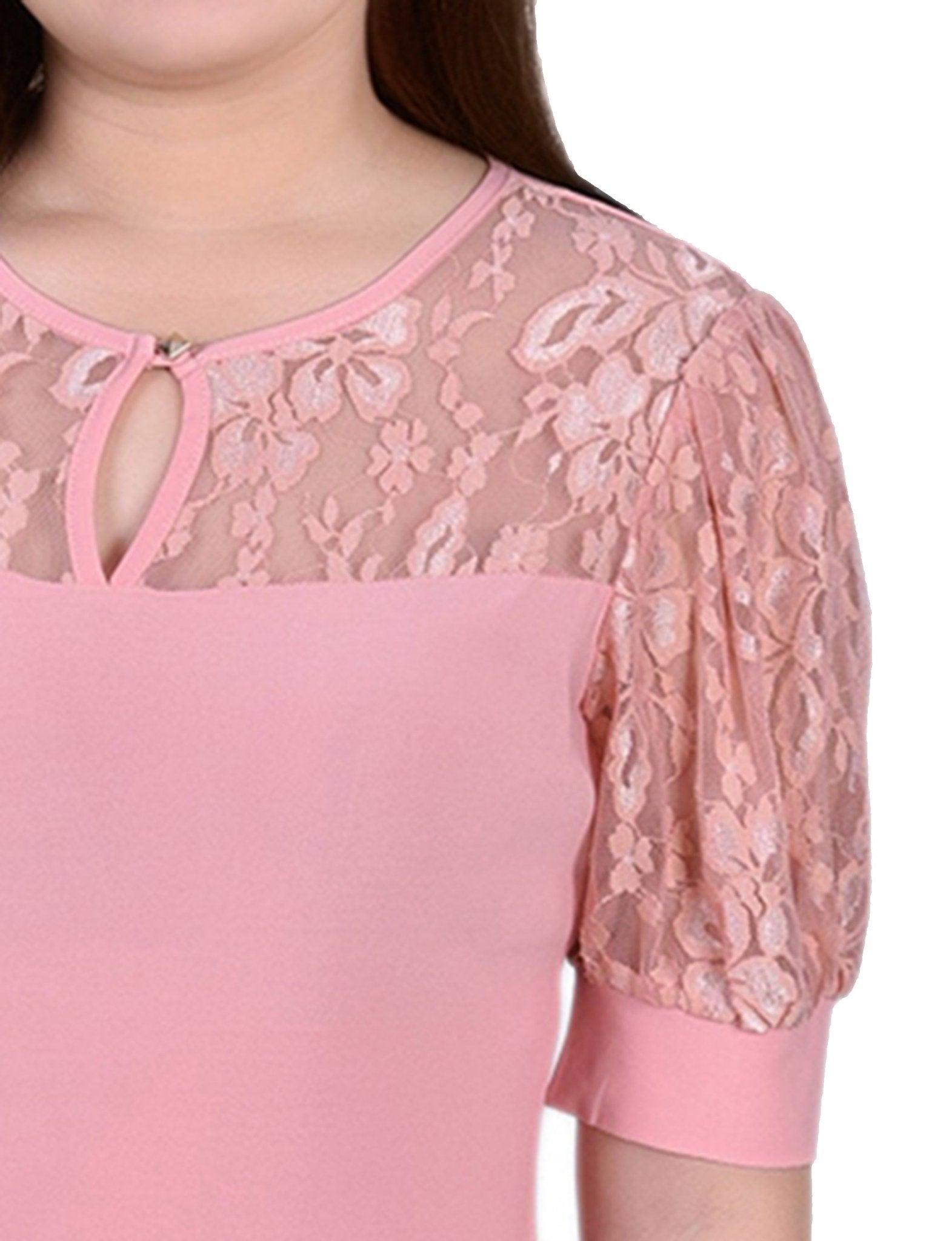 Mellow Rose Short Puff Sleeve Top With Lace Sleeves And Yoke - Petite Product Image