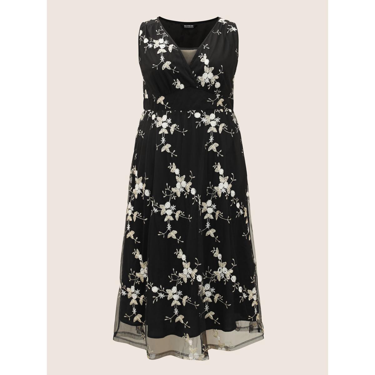 Plus Size Mesh Floral Embroidered Sleeveless Maxi Dress Black Women Formal Gathered Deep V-neck Sleeveless Curvy BloomChic 12/L Product Image