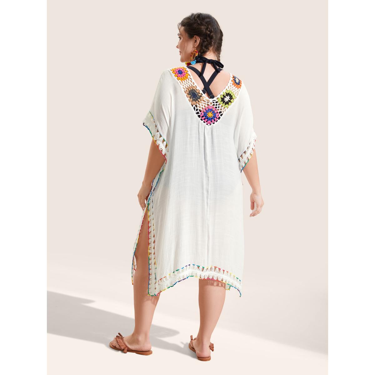 Plus Size Colored Crochet Slit Hem Swim Cover Up Women's Swimwear Originalwhite Beach Loose Crochet Curve Swim Cover Ups BloomChic 10/M Product Image