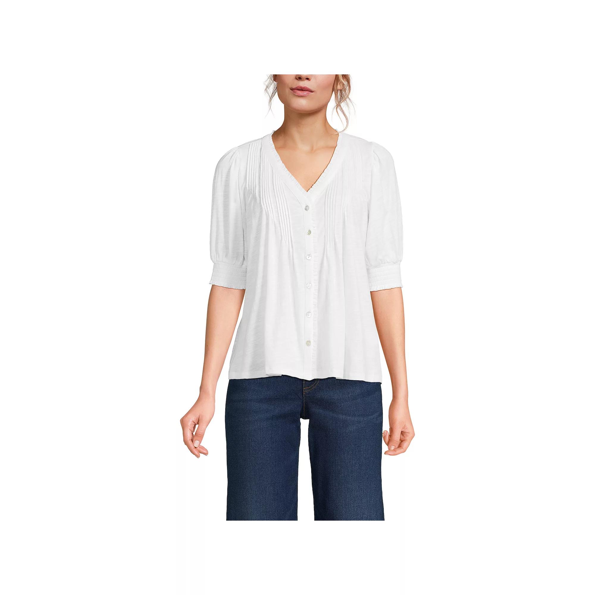 Women's Lands' End Button Pintuck Puff Sleeve Top,  Product Image
