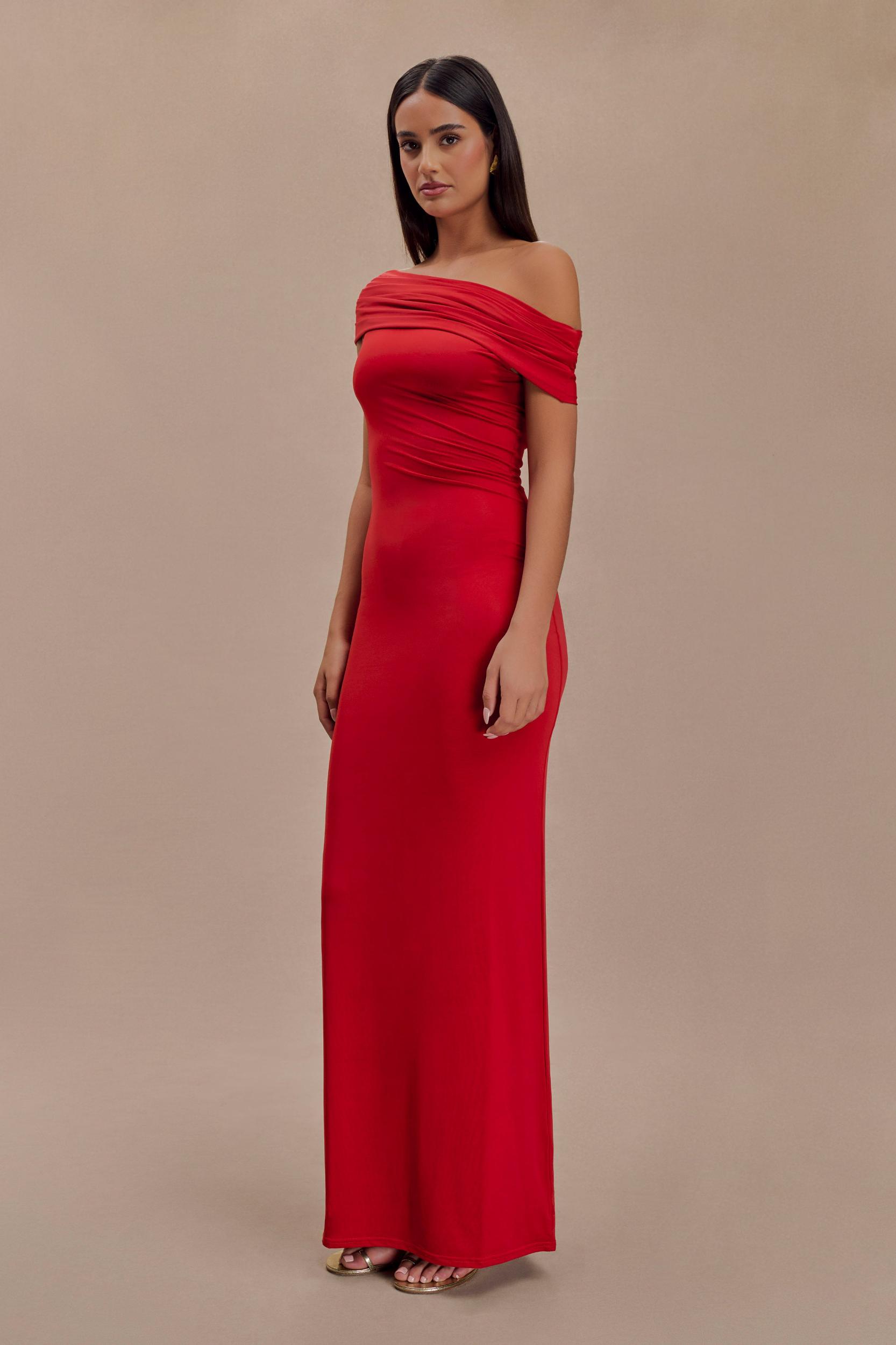 Cassandra Off Shoulder Slinky Maxi Dress - Red Product Image