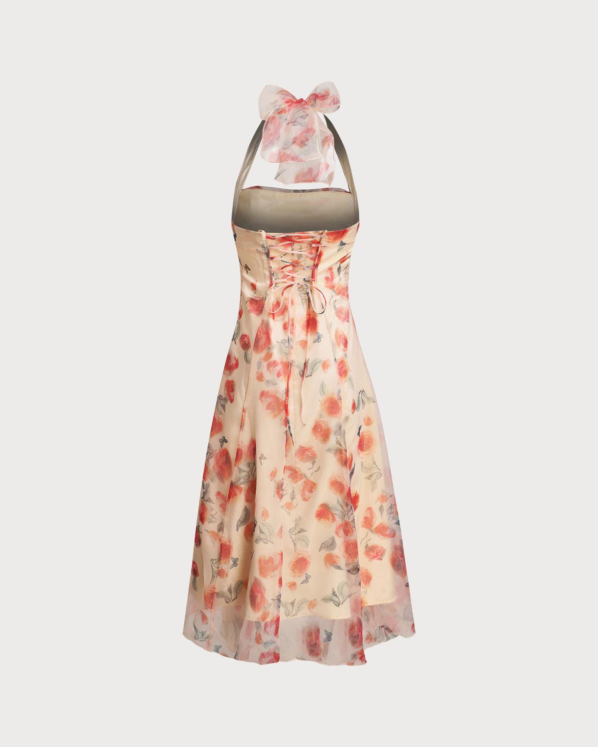 Red Floral Ruched Halter Maxi Dress Product Image