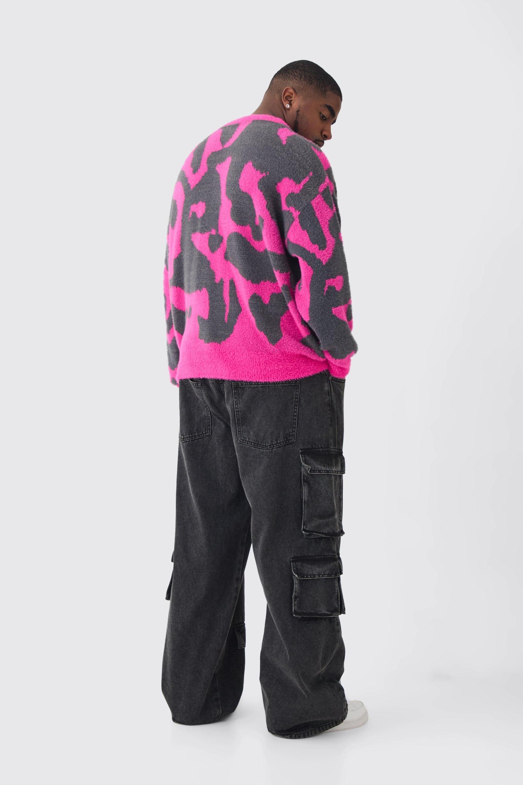 Plus Fluffy Knit Abstract Sweatshirt | boohooMAN USA Product Image