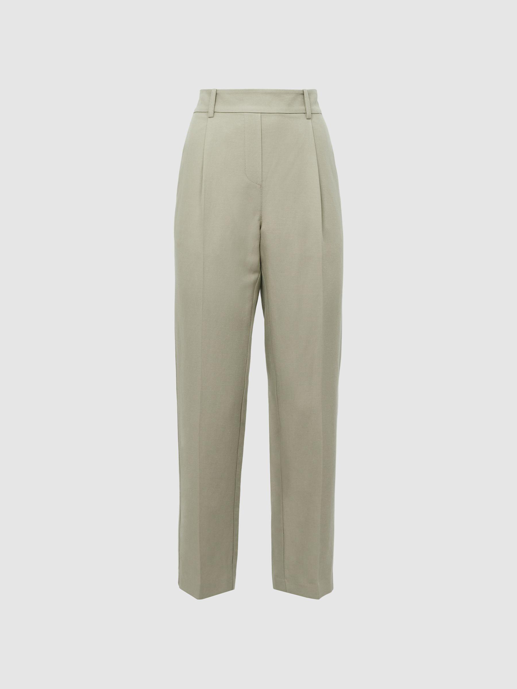 Tapered Linen Trousers in Khaki Product Image