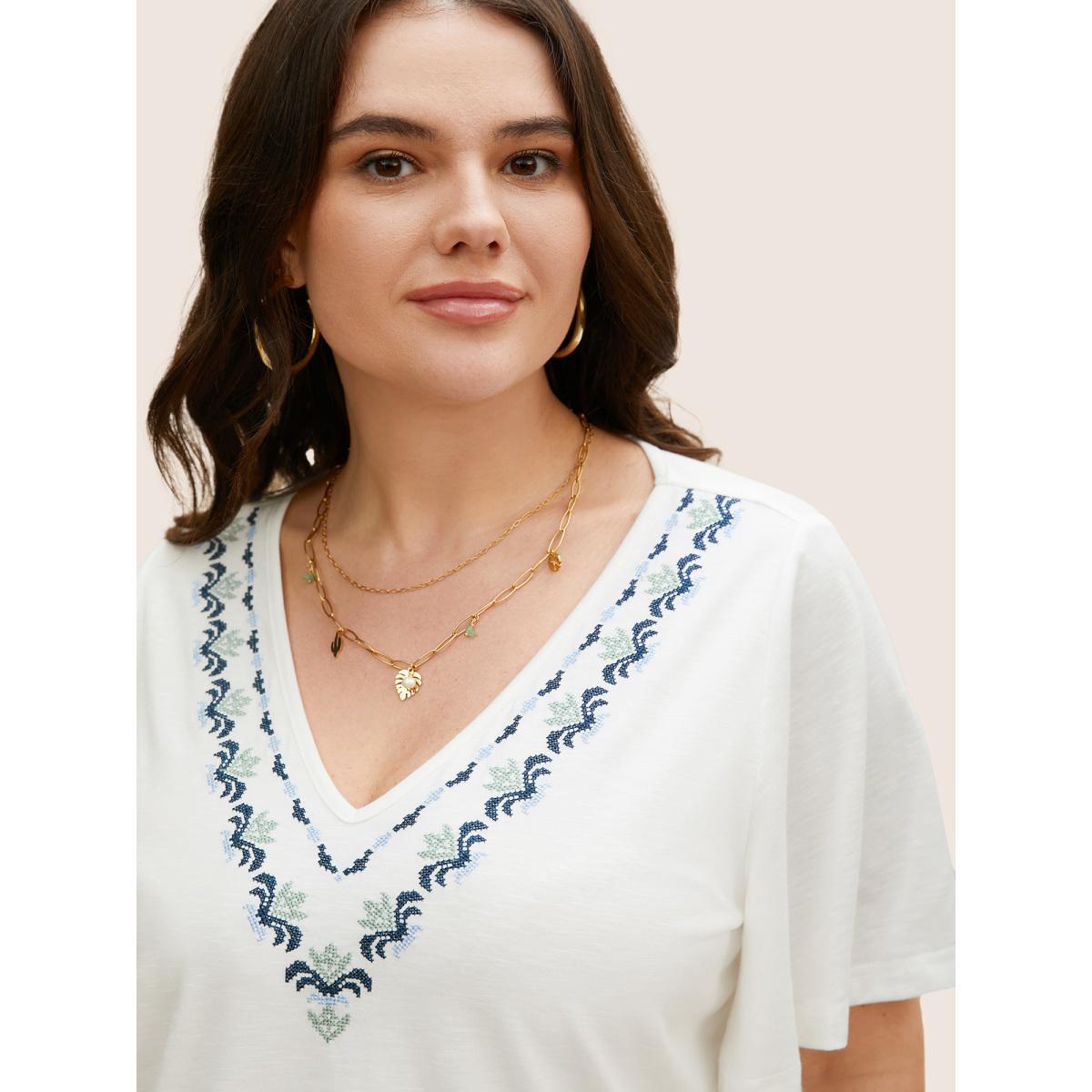 Plus Size V Neck Bandana Embroidered Design T-shirt WhiteSmoke Women Resort Embroidered Art&design V-neck Vacation T-shirts BloomChic 28/5X Product Image