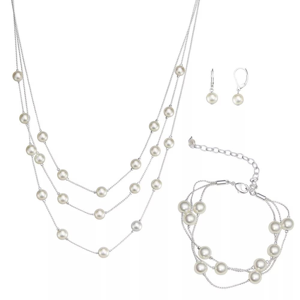 You're Invited Silver Tone Simulated Pearl Multi-Strand Necklace, Multi-Strand Bracelet, & Drop Earrings Set, Women's Product Image