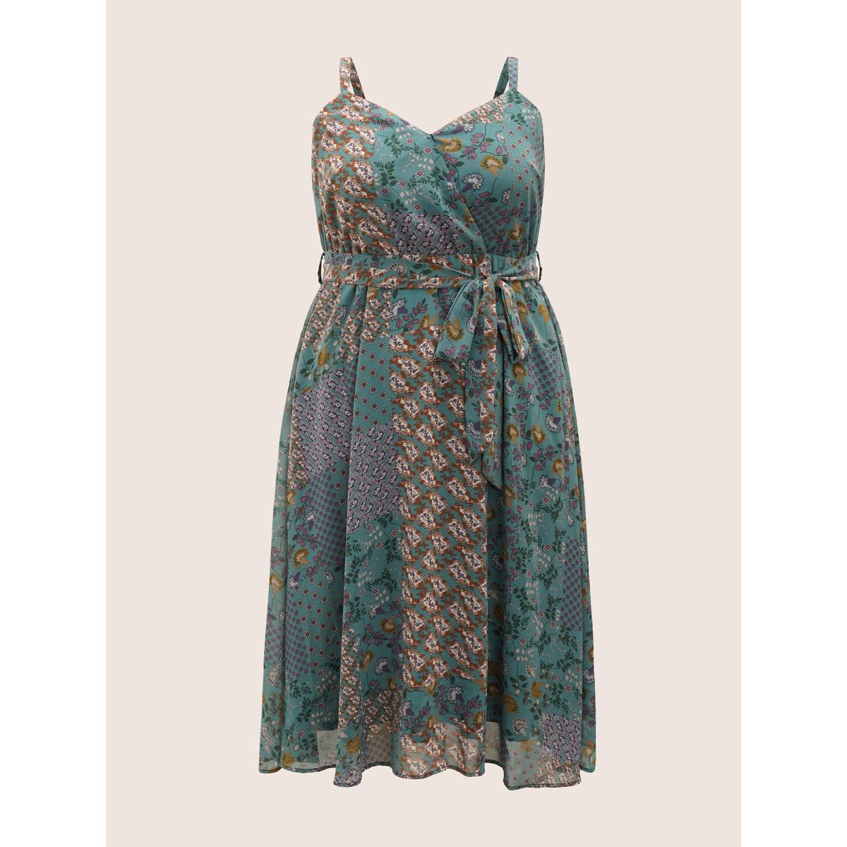Plus Size Chiffon Boho Print Wrap Belted Cami Dress Emerald Women Elegant Non Spaghetti Strap Sleeveless Curvy Midi Dress BloomChic 18-20/2X Product Image
