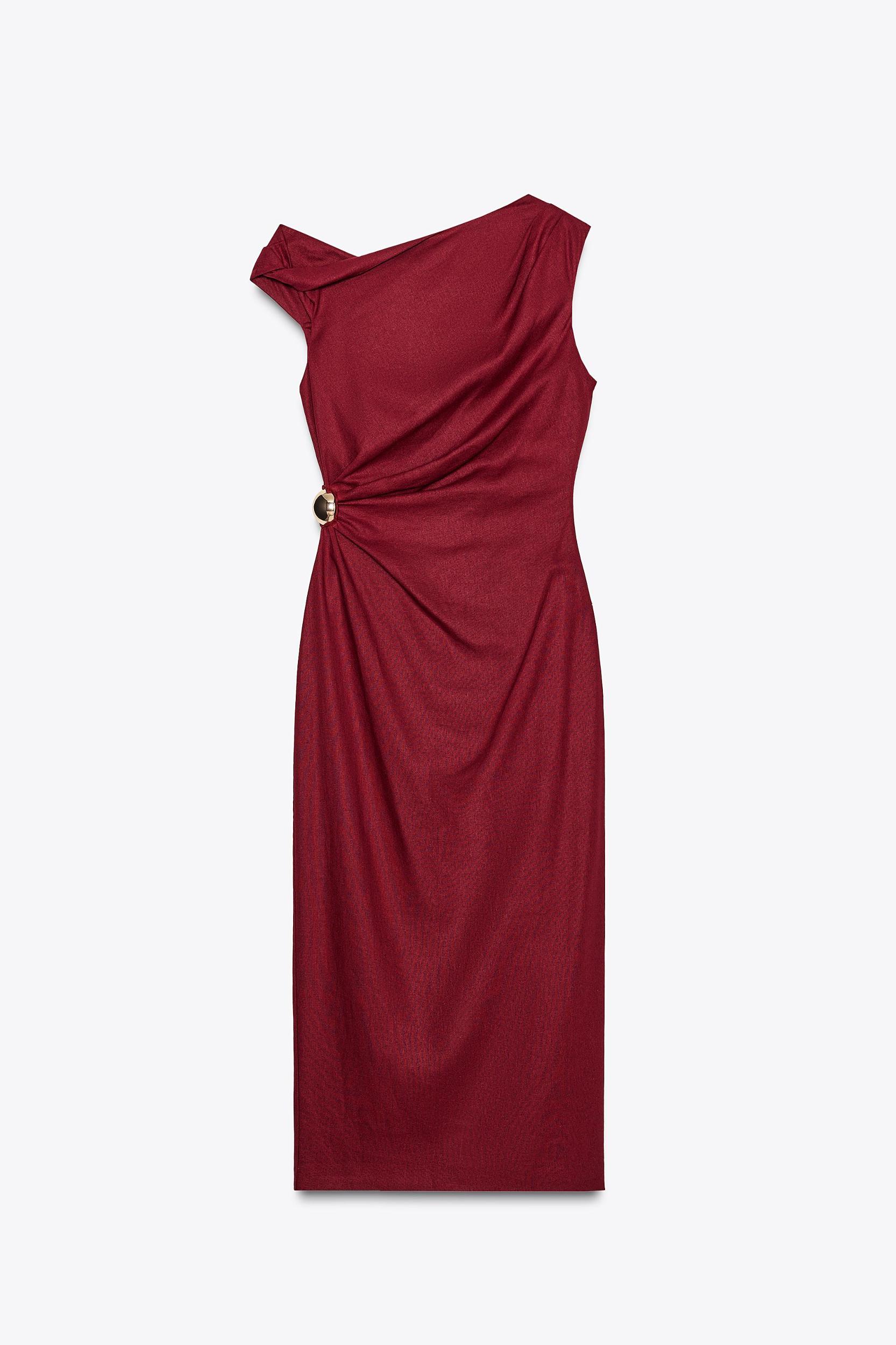 RUCHED LINEN BLEND MIDI DRESS Product Image