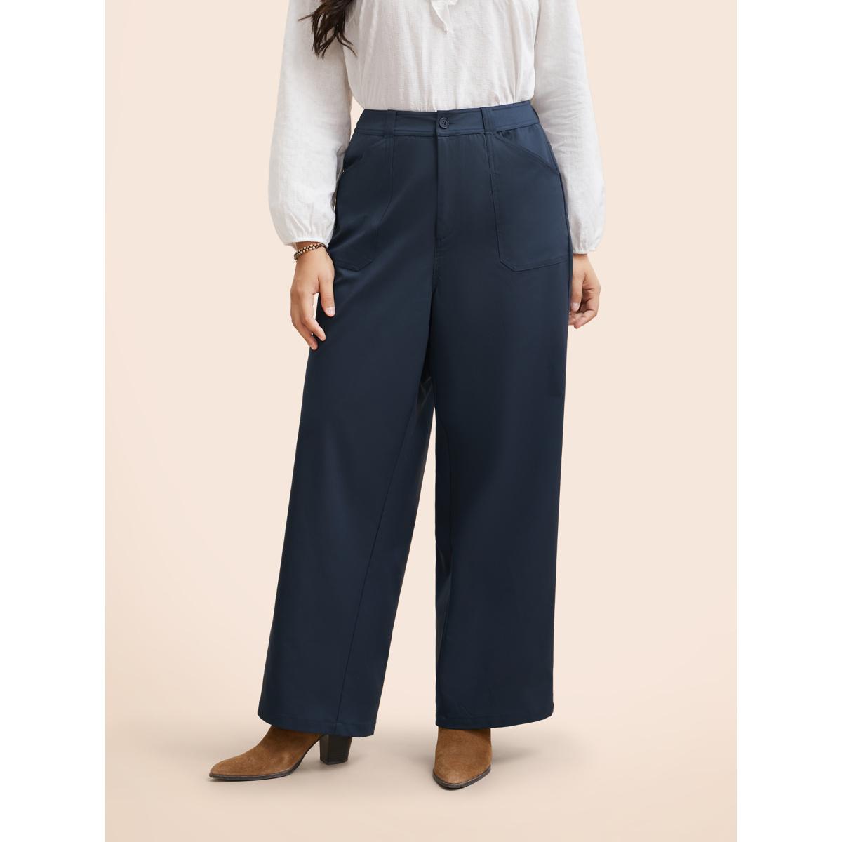 Plus Size Solid Buttoned Zipper Wide Leg Pants Women Indigo Casual Wide Leg Mid Rise Everyday Pants BloomChic 12/L Product Image