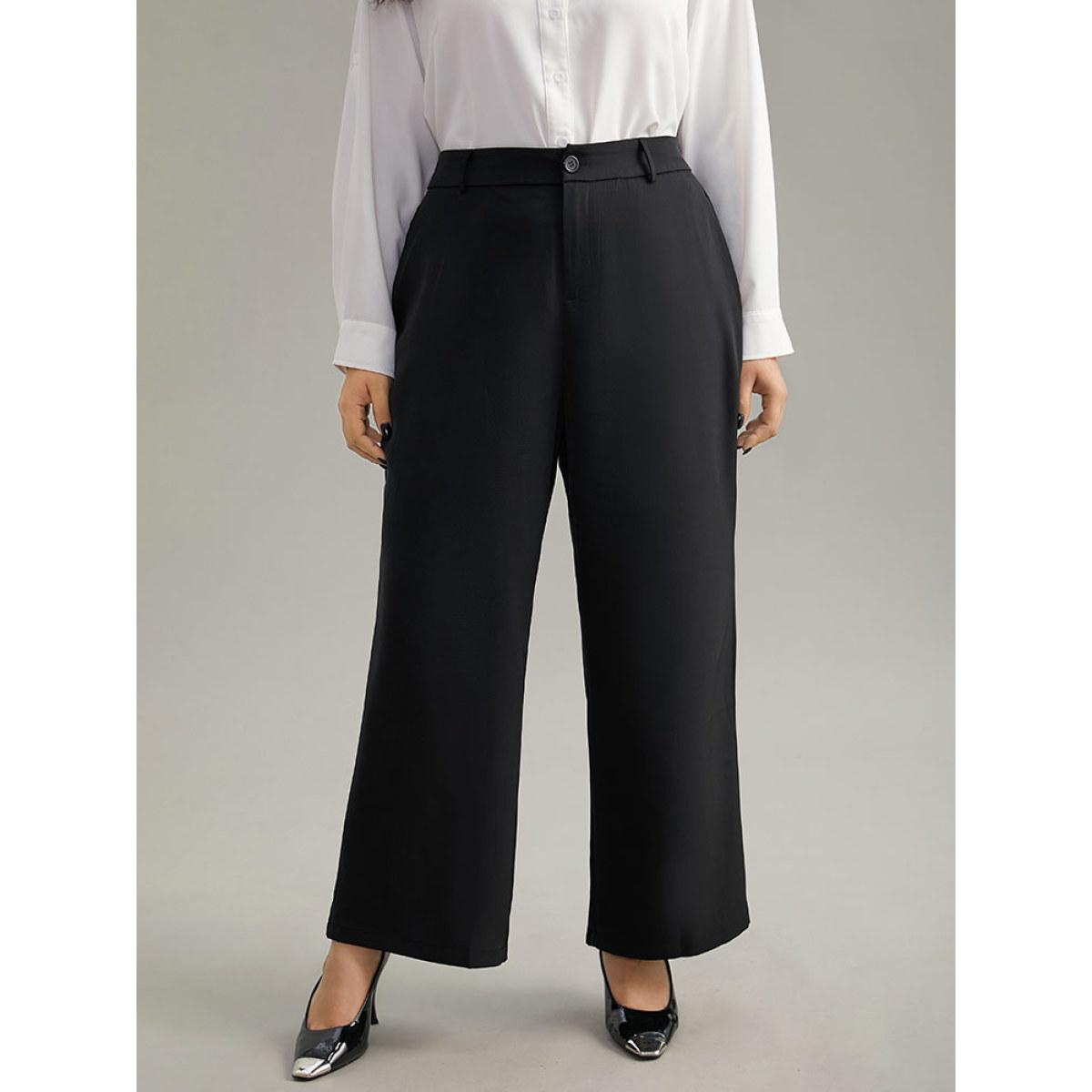 Plus Size Static-Free Plain Pocket Wide Leg Pants Women Black Workwear Essentials Wide Leg High Rise Office Pants BloomChic 22-24/3X Product Image