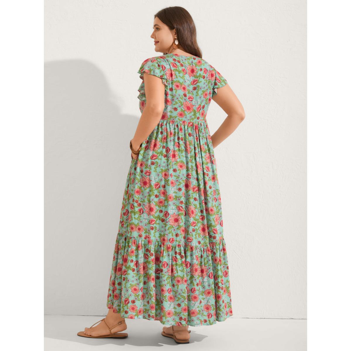 Plus Size Sweet Floral Lace Trim Tiered Maxi Dress Turquoise Women V-neck Cap Sleeve Curvy BloomChic 10/M Product Image