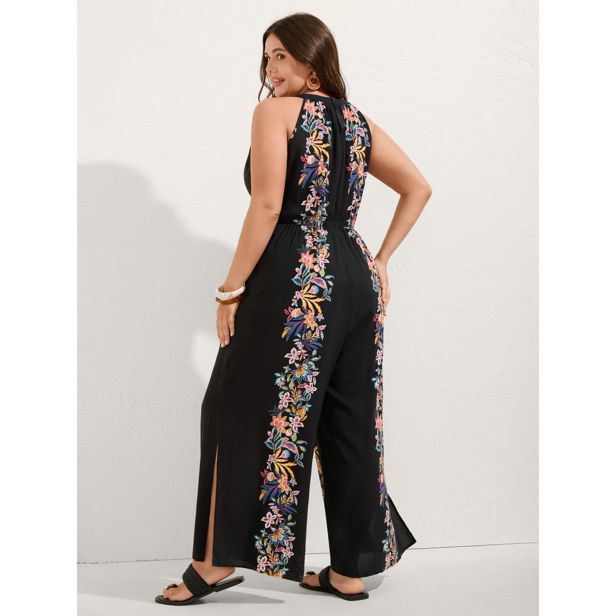 Plus Size Black Floral Halter Neck Slit Hem Jumpsuit Women Boho Sleeveless Halter neck Vacation Loose Jumpsuits BloomChic 10/M Product Image