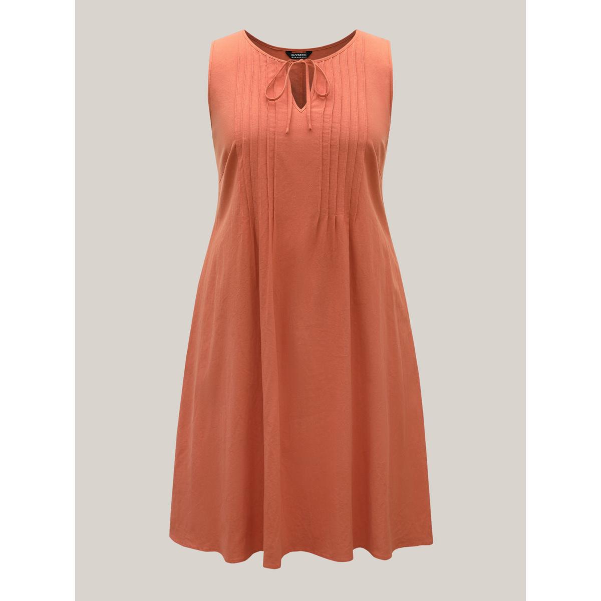 Plus Size Cotton Toothpick Pleat Plain Midi Dress Coral Women Resort Notched collar Sleeveless Curvy BloomChic 30/6X Product Image