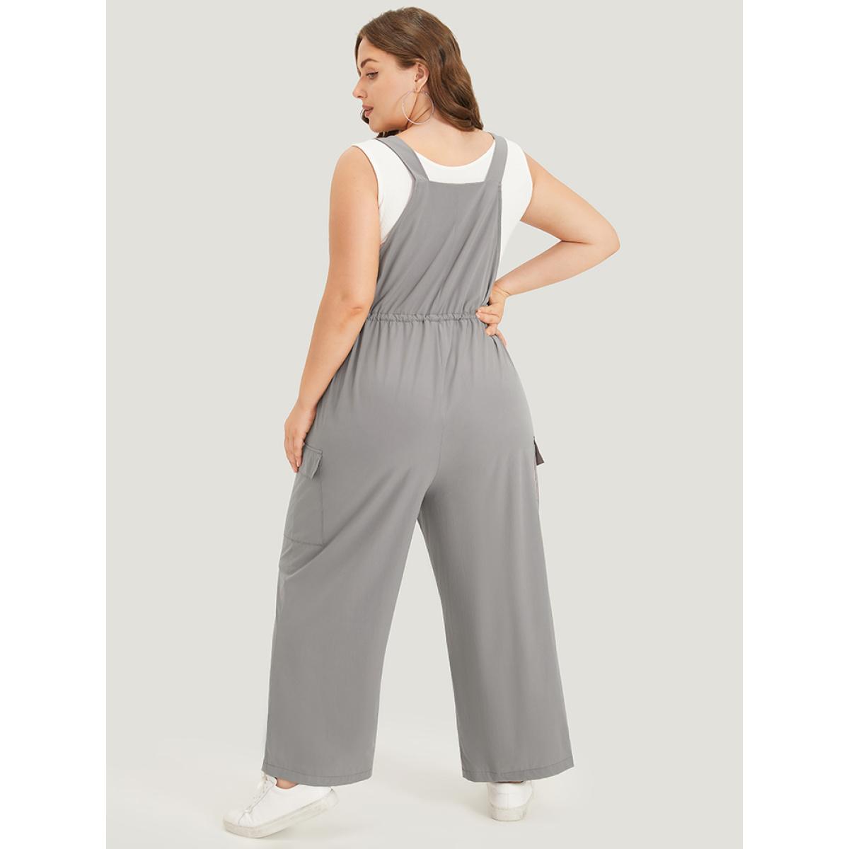 Plus Size Gray Solid Flap Pocket Drawstring Side Overall Jumpsuit Women Casual Sleeveless Spaghetti Strap Dailywear Loose Jumpsuits BloomChic 26/4X Product Image