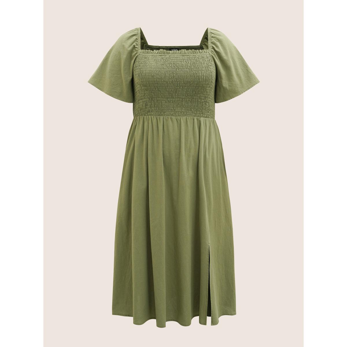 Plus Size Cotton Square Neck Shirred Ruffle Sleeve Split Hem Dress ArmyGreen Women Casual Gathered Square Neck Short sleeve Curvy BloomChic 30/6X Product Image