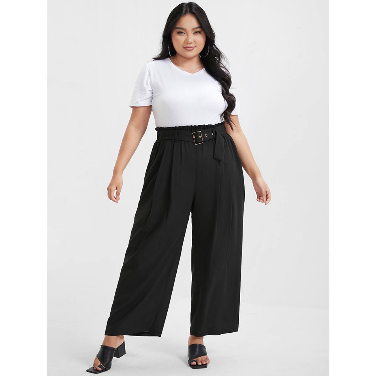 Plus Size Solid Pocket Belted Elastic Waist Pants Women Black Casual High Rise Dailywear Pants BloomChic 14-16/1X Product Image