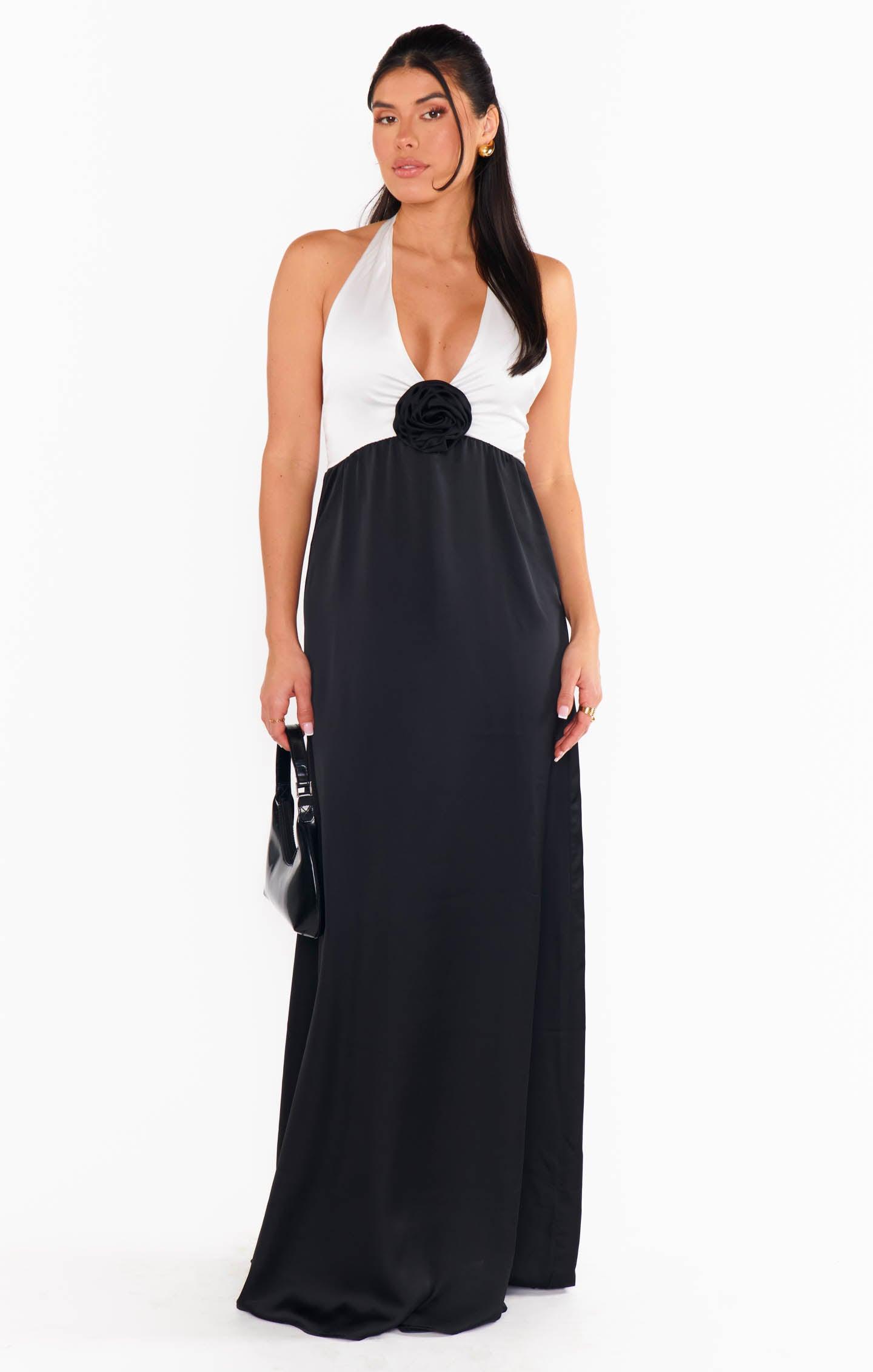 Marilyn Maxi Dress ~ Black and White Luxe Satin Product Image
