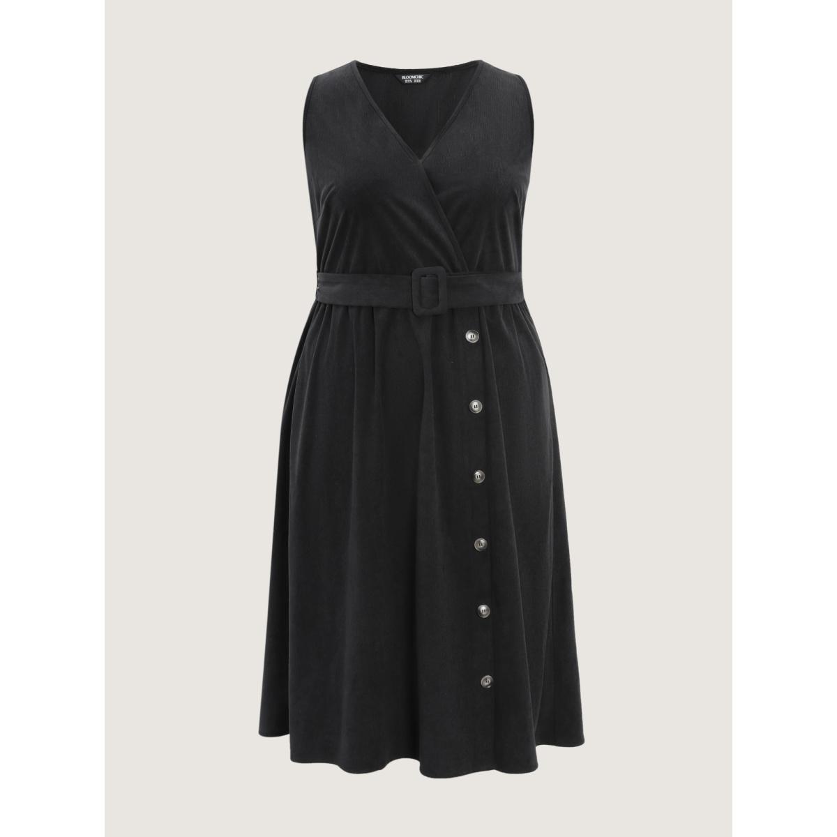 Plus Size Corduroy Sleeveless Belted Side Midi Dress Black Women Leisure Overlapping Overlap Collar Sleeveless Curvy BloomChic 18-20/2X Product Image