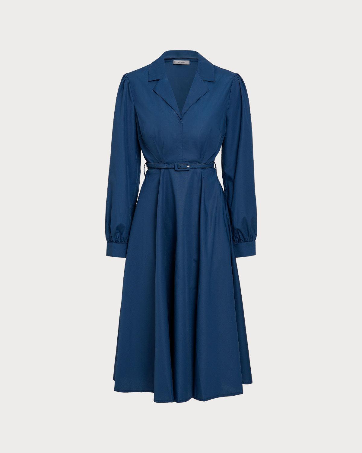 Blue V-Neck Belt Midi Dress Product Image