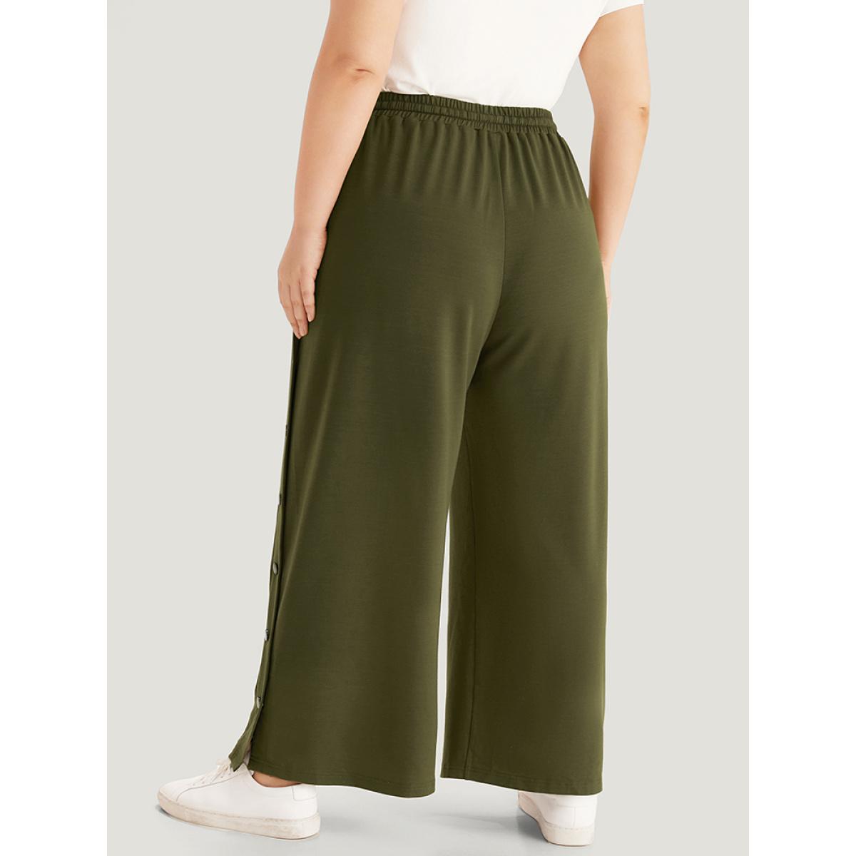 Plain Pocket Elastic Waist Button Detail Drawstring Sweatpants ArmyGreen Plus Size Women Casual Dailywear Plain 22-24/3X Bloomchic Product Image