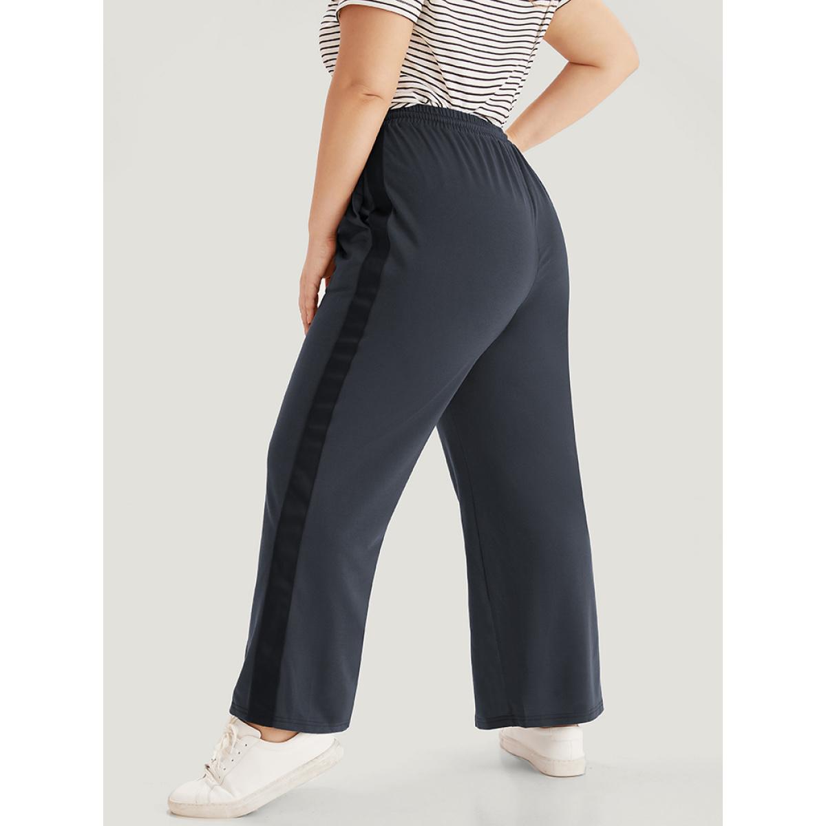 Contrast Patchwork Pocket Drawstring Split Hem Sweatpants SlateGray Plus Size Women Casual Everyday Contrast 10/M Bloomchic Product Image