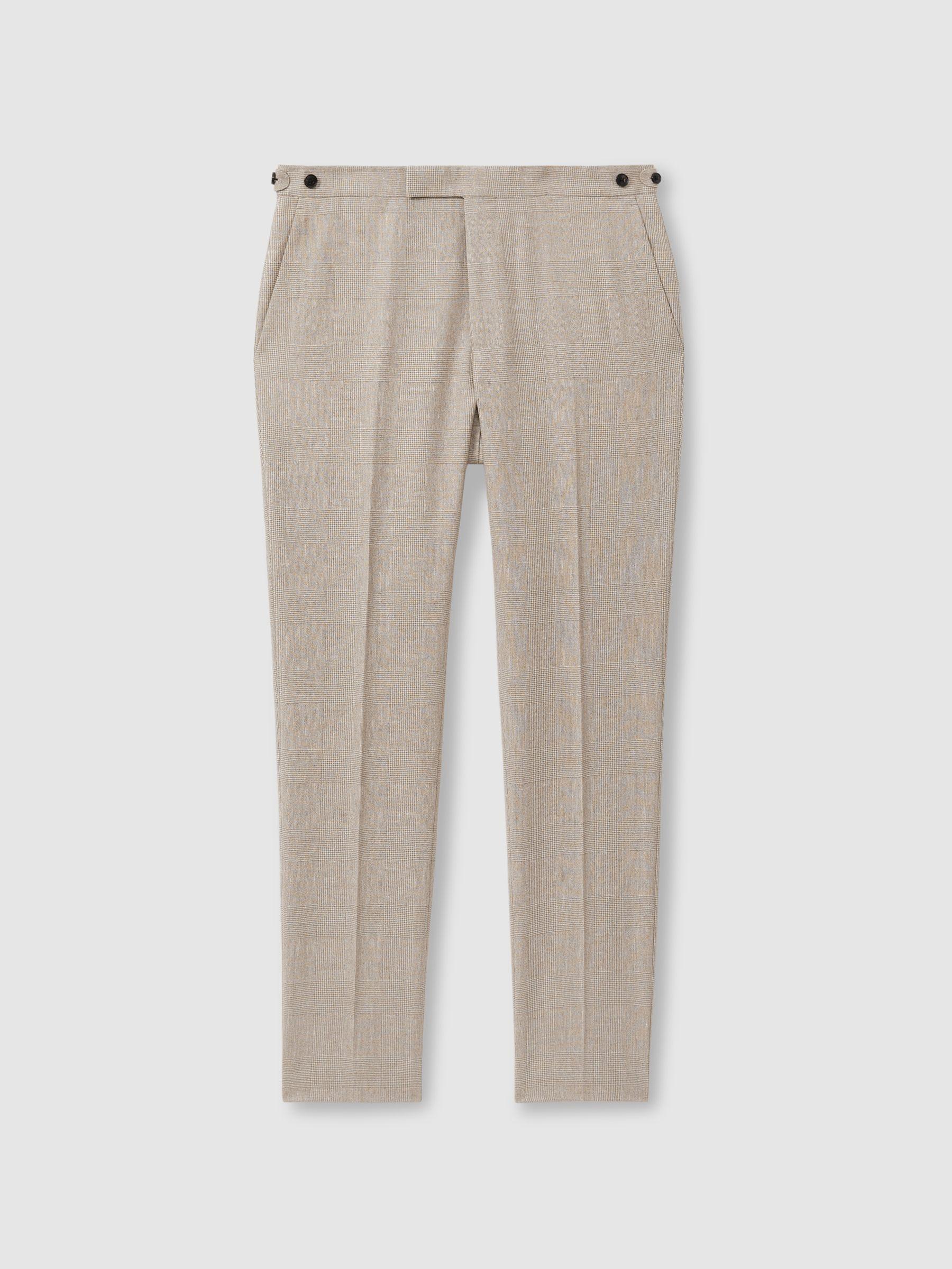 Checked Side Adjuster Trousers in Wool-Linen in Oatmeal Product Image