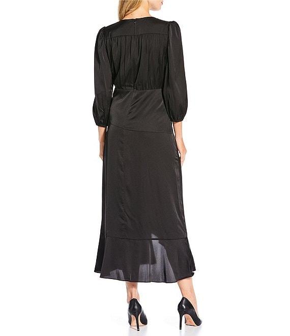 Donna Morgan Charmeuse High Low Hem 3/4 Puff Sleeve Tiered Wrap Midi Dress Product Image