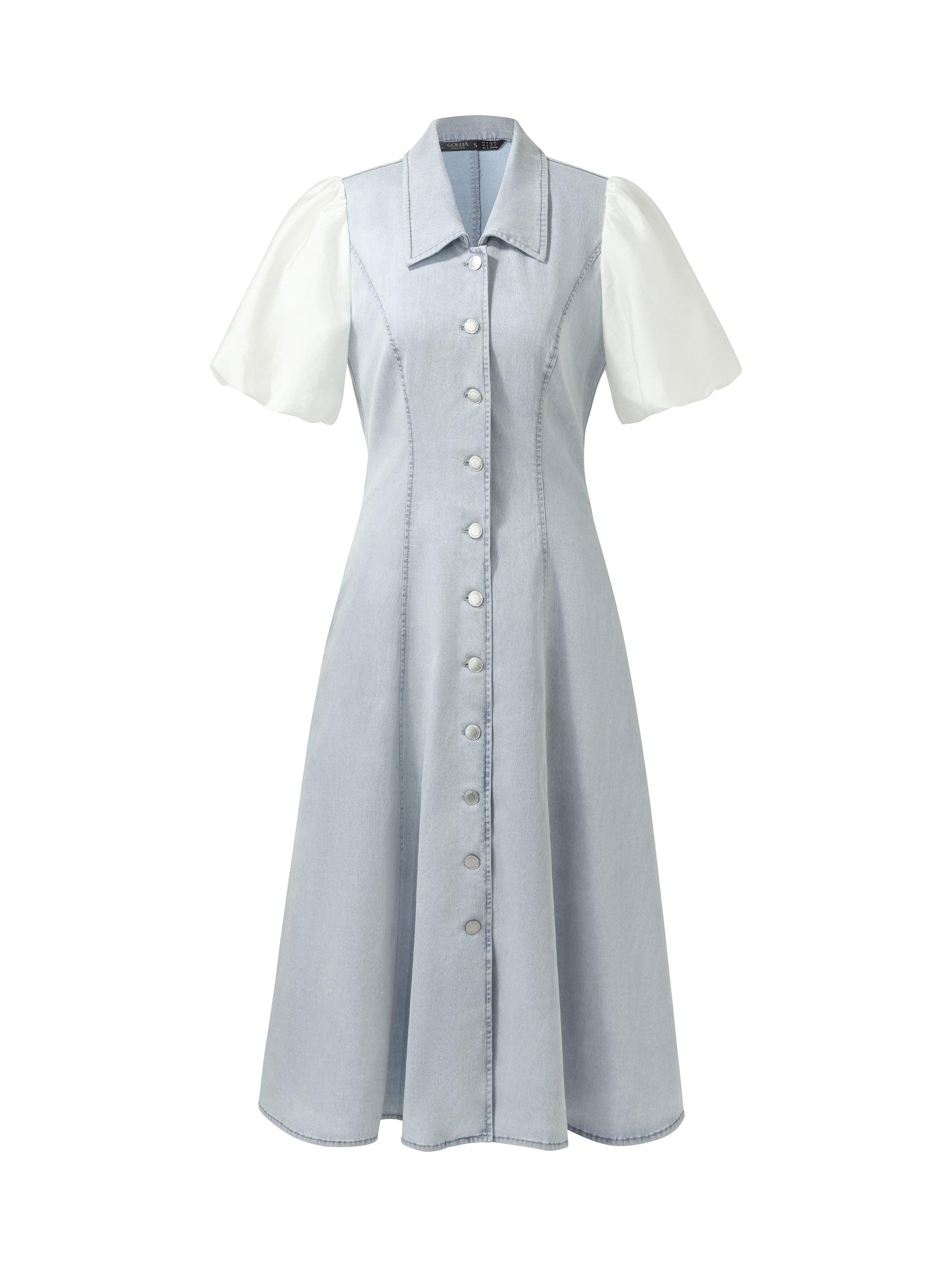 Denim Patchwork Women Puff-sleeved Midi Dress Product Image
