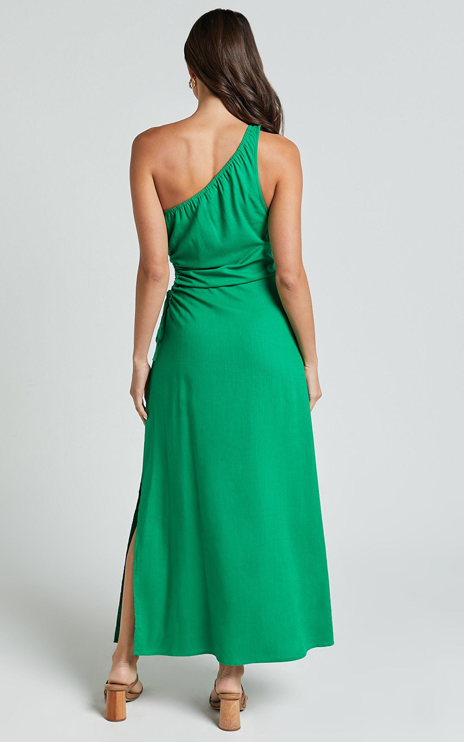 Kari Midi Linen Blend Dress - One Shoulder Slip Dress in Green Product Image