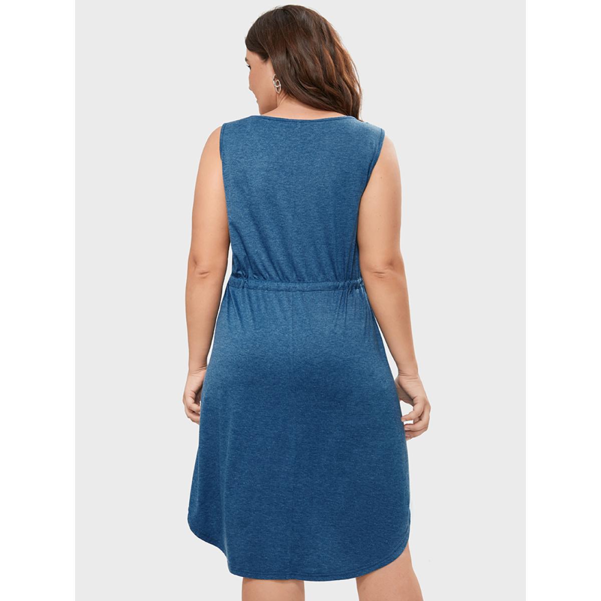 Plus Size Solid Fake Buttons Drawstring Waist Patched Pocket Knee Dress DarkBlue Women Casual Drawstring V-neck Short sleeve Curvy Knee Dress BloomChic 14-16/1X Product Image