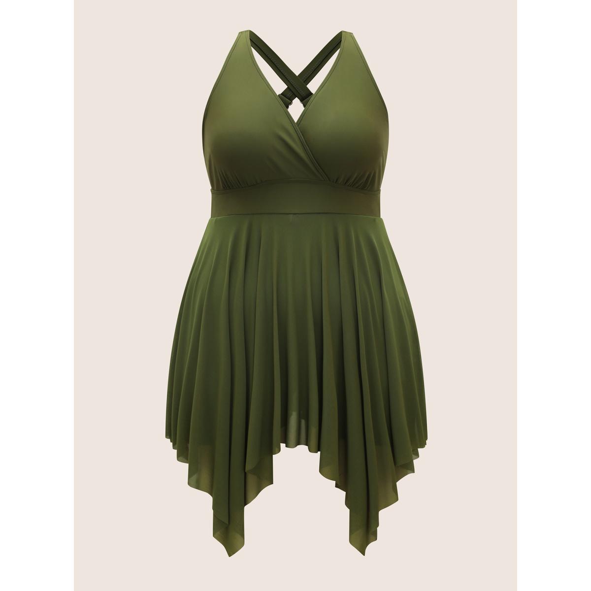 Plus Size Solid Patchwork Mesh Pocket Hanky Hem Swim Dress Women's Swimwear ArmyGreen Beach Bodycon Overlap Collar High stretch Curve Swim Dresses BloomChic 10/M Product Image