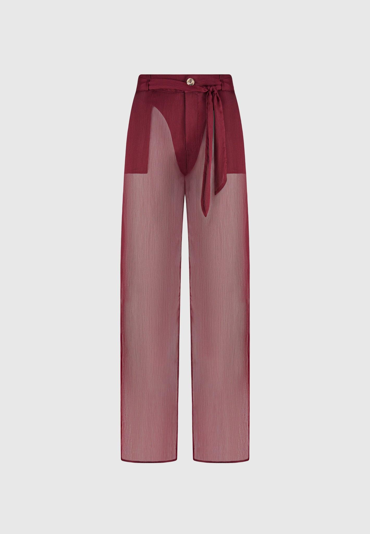Sheer Belted Trousers - Wine Red Female Product Image