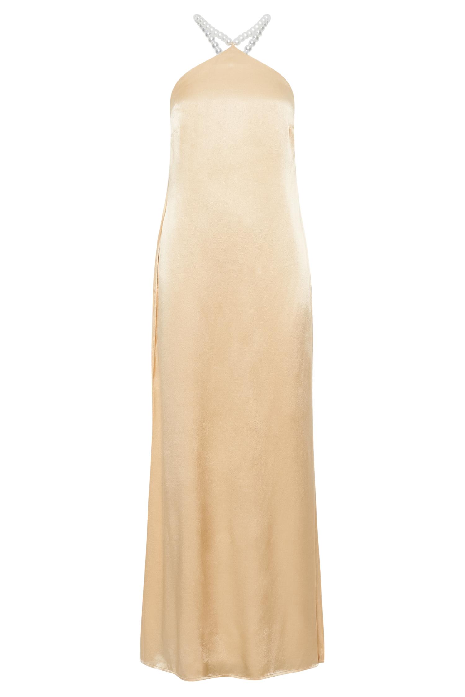 Blanche Satin Pearl Halter Maxi Dress - Peach Product Image