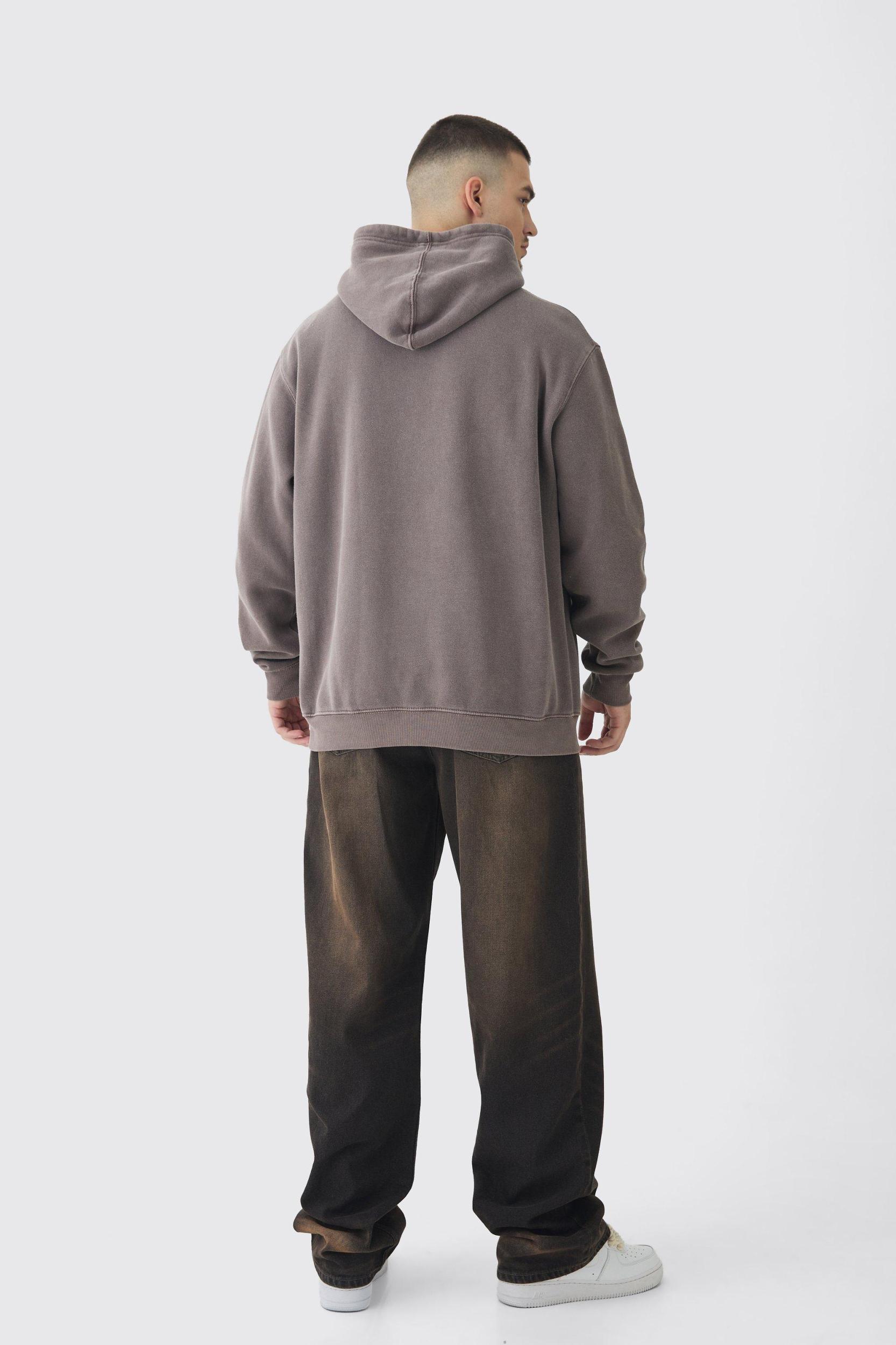 Tall Oversized Washed Homme Cross Print Hoodie In Chocolate | boohooMAN USA Product Image