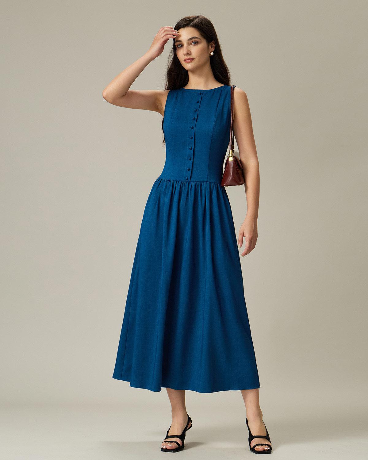 Blue Boat Neck Button Pocket Midi Dress Product Image
