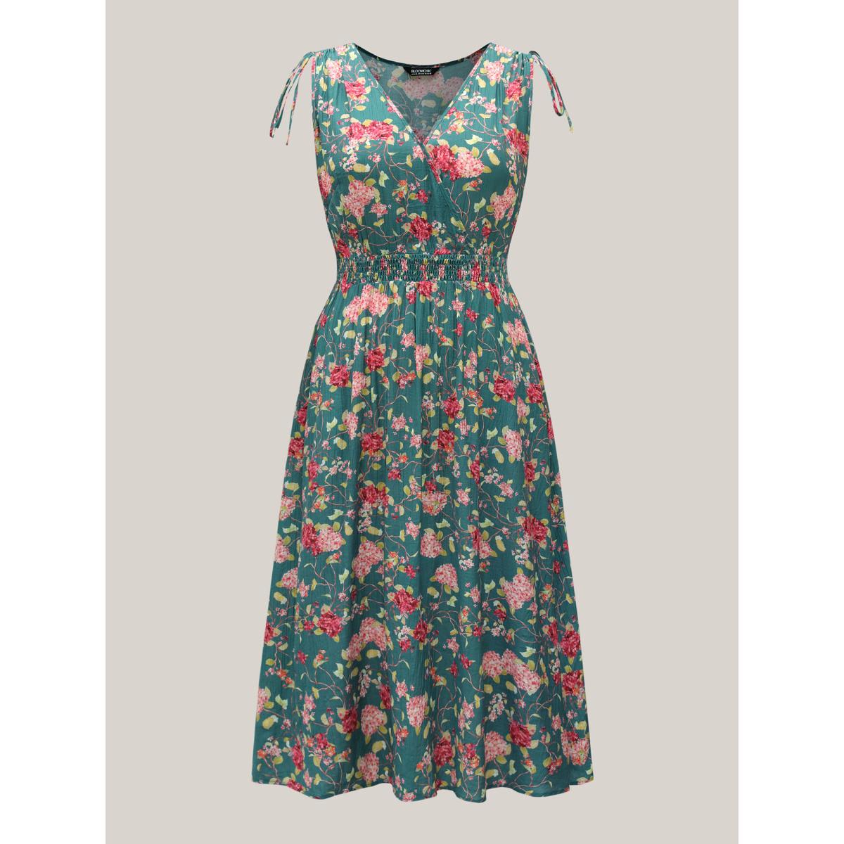 Plus Size Floral Print Shoulder Tie Pockets Midi Dress Cerulean Women Timeless Overlap Collar Sleeveless Curvy BloomChic 12/L Product Image