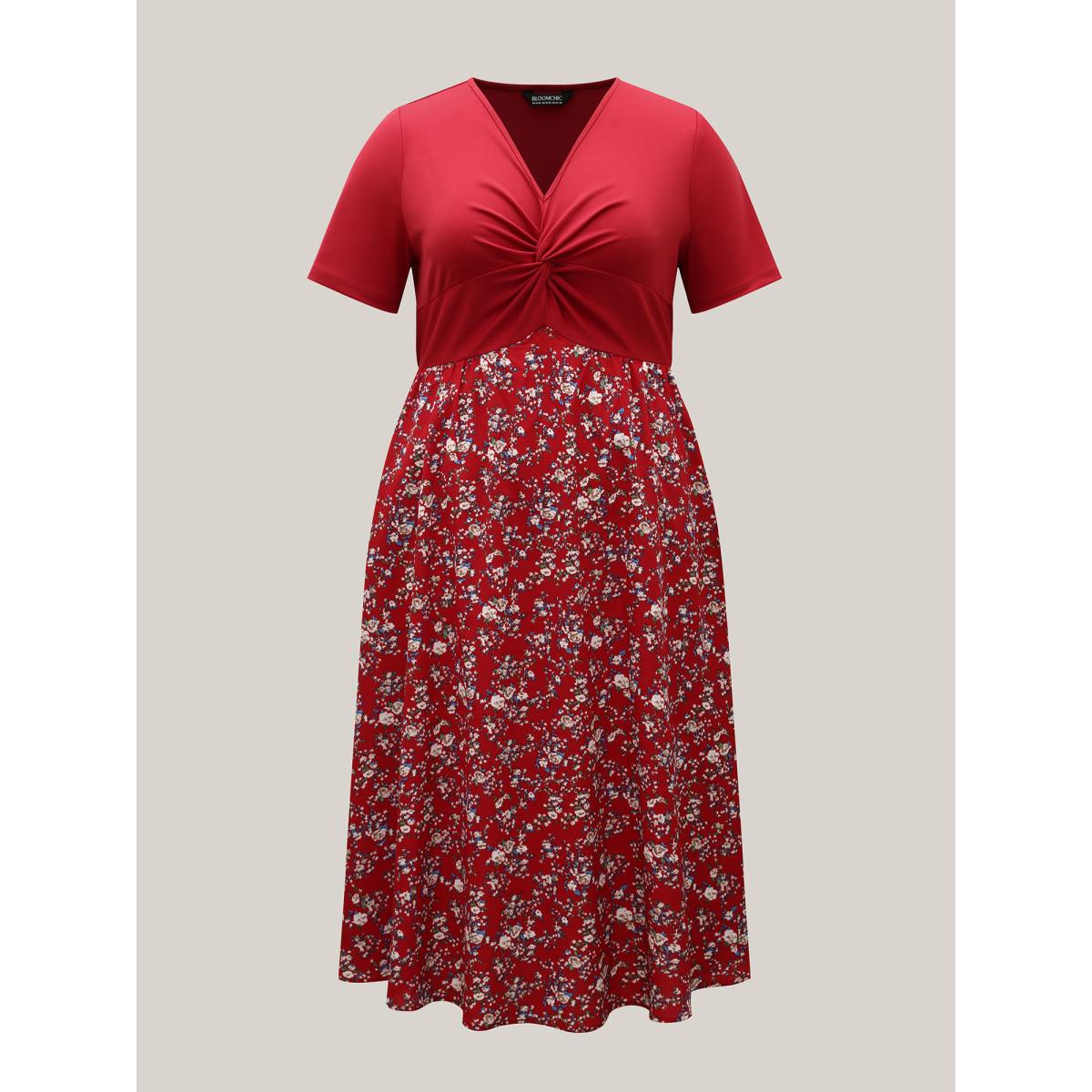 Plus Size Twist-Front V-Neck Stretchy Waist Midi Dress Raspberry Women Romantic Twist V-neck Short sleeve Curvy BloomChic 22-24/3X Product Image
